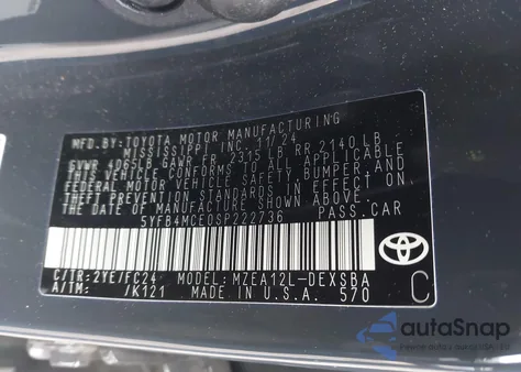 2025 Toyota Corolla Fx z USA, uszkodzony, nr VIN 5YFB4MCE0SP222736